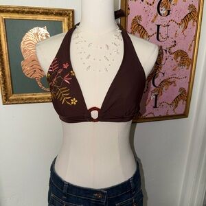 Vintage Y2K Brown Halter Bikini Top with Floral Design